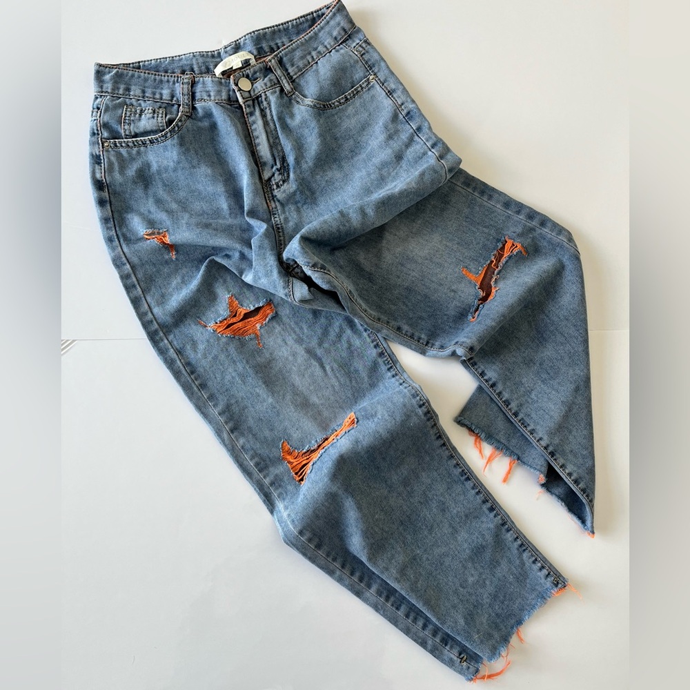 Amazing Moult Distressed Baggy Blue Jeans with Orange Accents - Picture 7 of 7